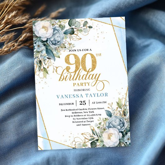 Elegant dusty blue gold frame floral 90th birthday kaart