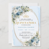 Elegant Dusty Blue Gold Greenery Quince Invitation Kaart (Voorkant)