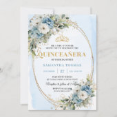 Elegant Dusty Blue Gold Greenery Quinceañera Kaart (Voorkant)