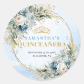 Elegant Dusty Blue Gold Greenery Quinceañera Stick Ronde Sticker (Voorkant)