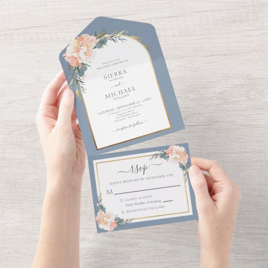 Elegant Dusty Blue Gold Peach Cream Floral Wedding All In One Uitnodiging (Afscheurbaar)