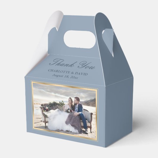 Elegant Dusty Blue Gold Weddenfoto Hartelijk dank Bedankdoosjes (Voorkant Zijde)