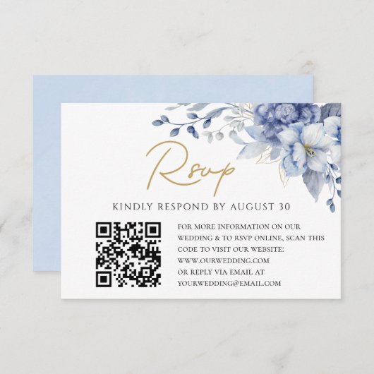 Elegant Dusty Blue gold Wedding QR code RSVP (Voorkant / Achterkant)