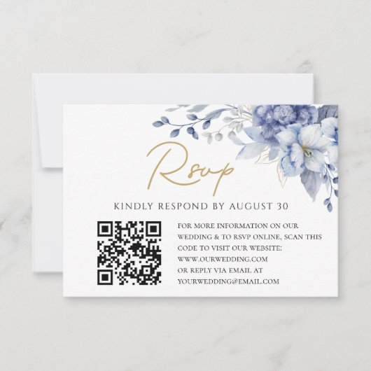 Elegant Dusty Blue gold  Wedding QR code RSVP Kaartje (Voorkant)