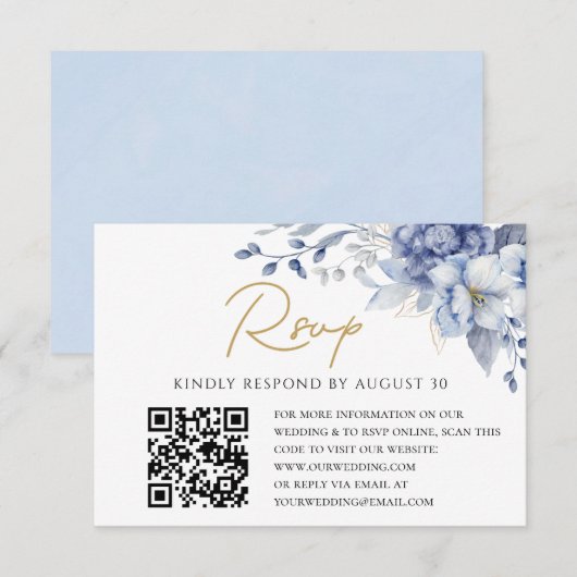 Elegant Dusty Blue gold  Wedding QR code RSVP Kaartje (Voorkant / Achterkant)