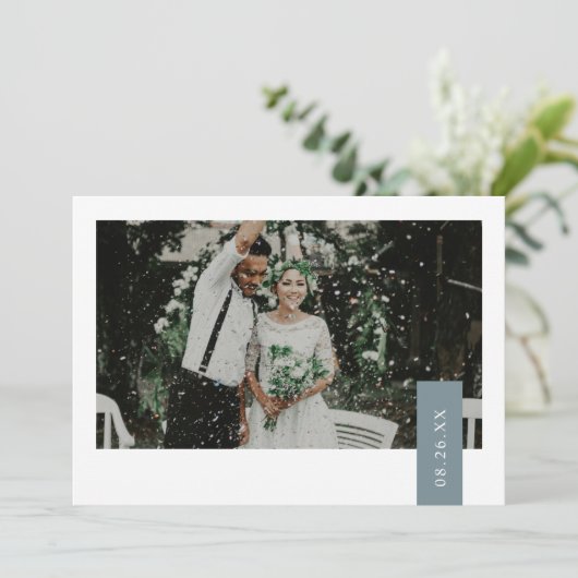 Elegant Dusty Blue Green Ribbon Foto Weddenschap Bedankkaart (Staand voorkant)