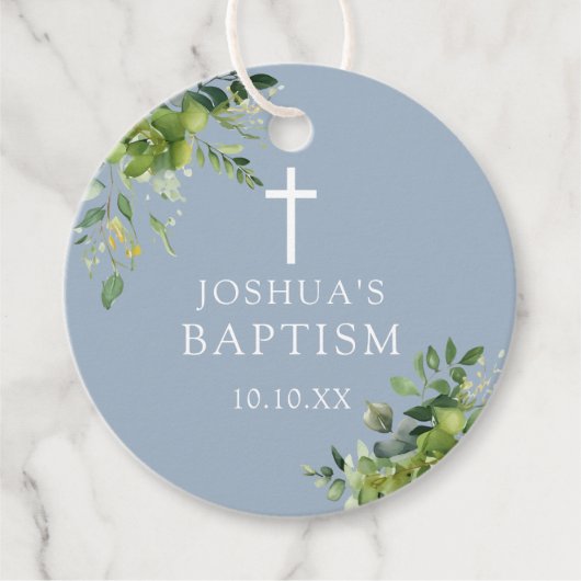 Elegant Dusty Blue Greenery Baptism Christening Bedankjes Labels (Voorkant)