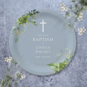 Elegant Dusty Blue Greenery Baptism Christening Papieren Bordje