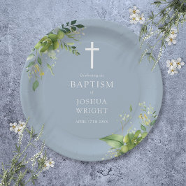 Elegant Dusty Blue Greenery Baptism Christening Papieren Bordje