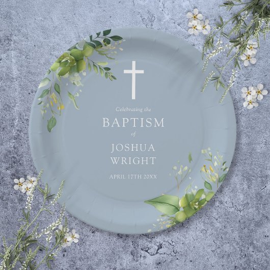 Elegant Dusty Blue Greenery Baptism Christening Papieren Bordje