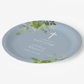 Elegant Dusty Blue Greenery Baptism Christening Papieren Bordje (Gekanteld)