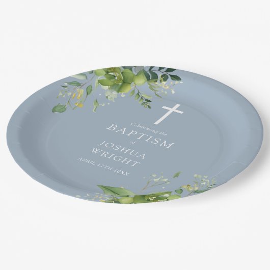 Elegant Dusty Blue Greenery Baptism Christening Papieren Bordje (Gekanteld)