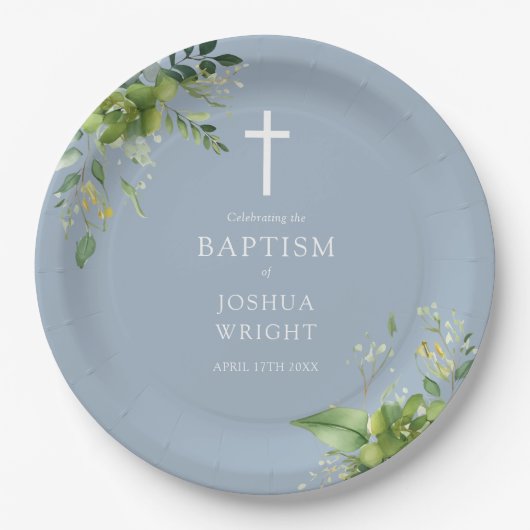 Elegant Dusty Blue Greenery Baptism Christening Papieren Bordje (Voorkant)