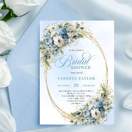 Elegant Dusty Blue Greenery Gold Bridal Shower  Kaart