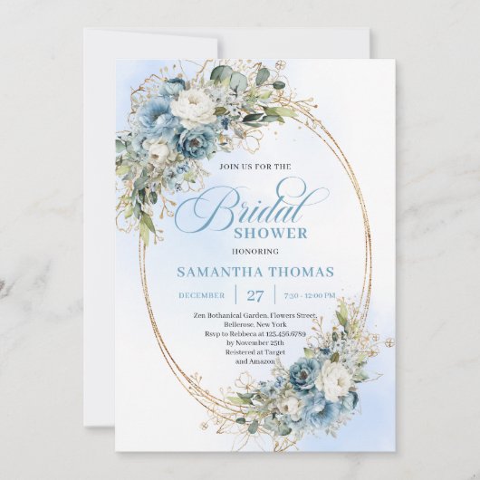 Elegant Dusty Blue Greenery Script Bridal Shower  Kaart (Voorkant)
