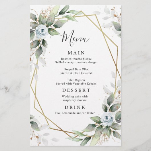 Elegant Dusty Blue Greenery Wedding Dinner Menu (Voorkant)