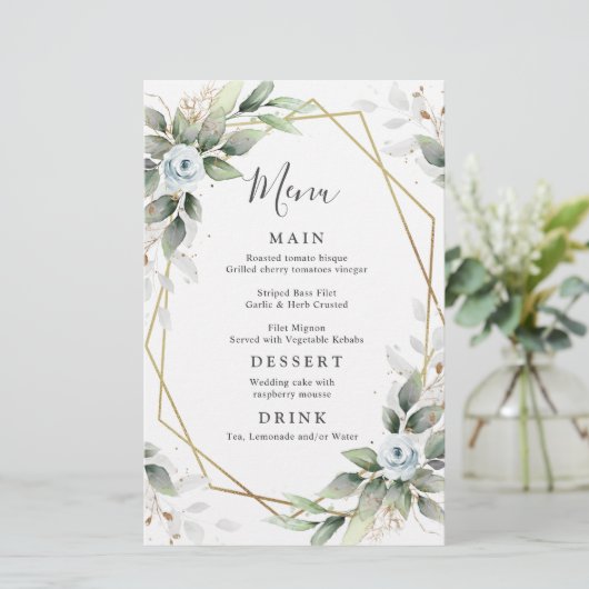 Elegant Dusty Blue Greenery Wedding Dinner Menu (Staand voorkant)