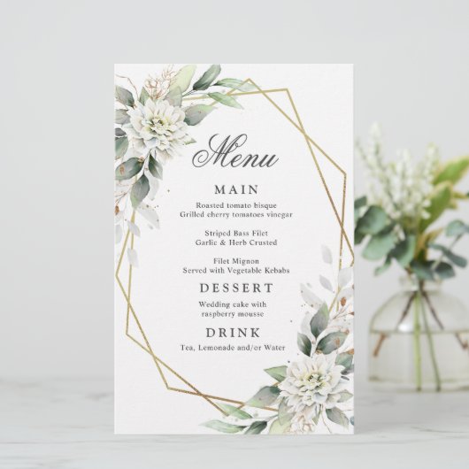 Elegant Dusty Blue Greenery Wedding Dinner Menu (Staand voorkant)