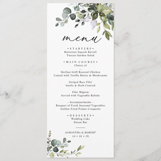 Elegant Dusty Blue Greenery Wedding Menu (Voorkant)