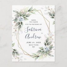 Elegant Dusty Blue Greenery Wedding Save the Date