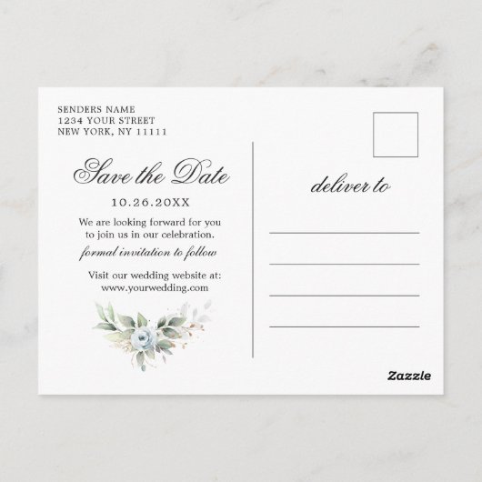 Elegant Dusty Blue Greenery Wedding Save the Date Briefkaart (Achterkant)