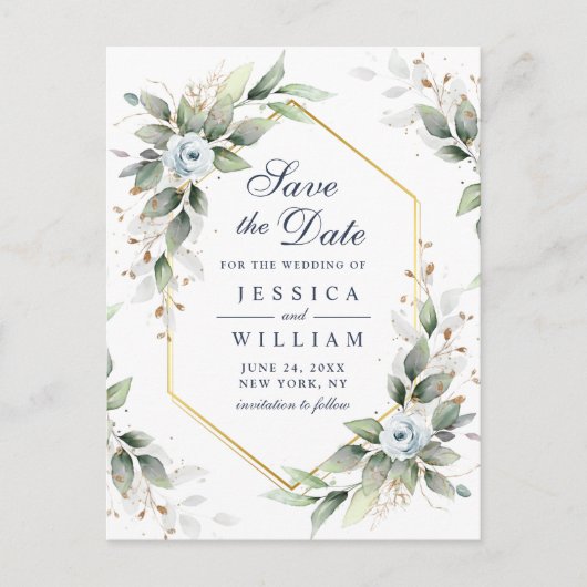 Elegant Dusty Blue Greenery Wedding Save the Date Briefkaart (Voorkant)