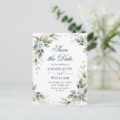Elegant Dusty Blue Greenery Wedding Save the Date Briefkaart (Staand voorkant)