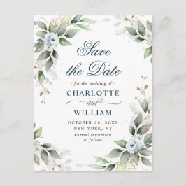 Elegant Dusty Blue Greenery Wedding Save the Date Briefkaart