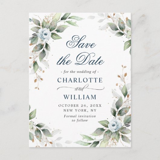 Elegant Dusty Blue Greenery Wedding Save the Date Briefkaart (Voorkant)