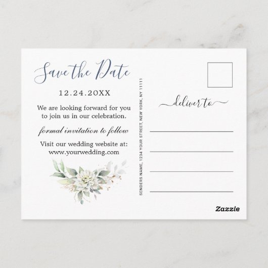 Elegant Dusty Blue Greenery Wedding Save the Date Briefkaart (Achterkant)