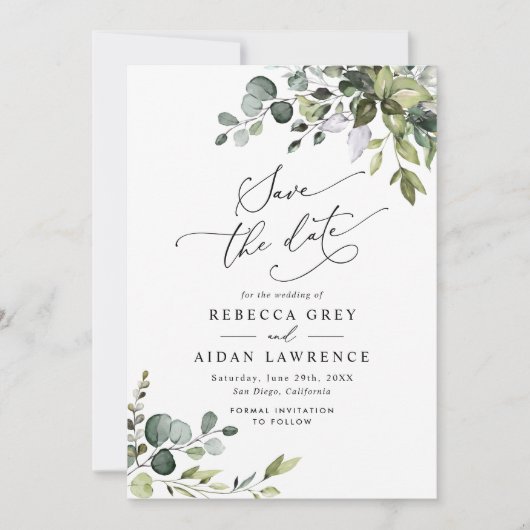 Elegant Dusty Blue Greenery Wedding Save the Date Kaart (Voorkant)