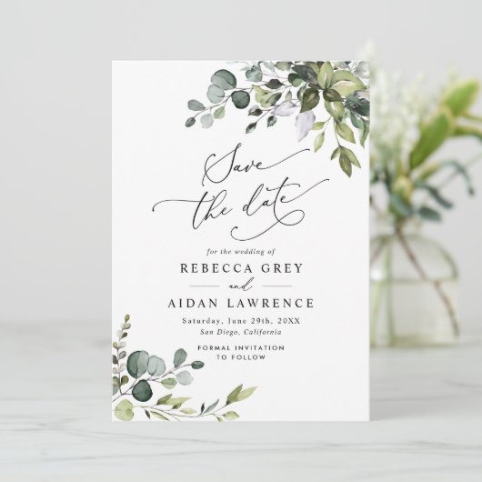 Elegant Dusty Blue Greenery Wedding Save the Date Kaart (Staand voorkant)