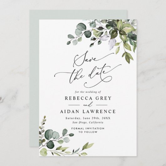 Elegant Dusty Blue Greenery Wedding Save the Date Kaart (Voorkant / Achterkant)