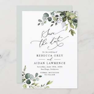 Elegant Dusty Blue Greenery Wedding Save the Date Kaart