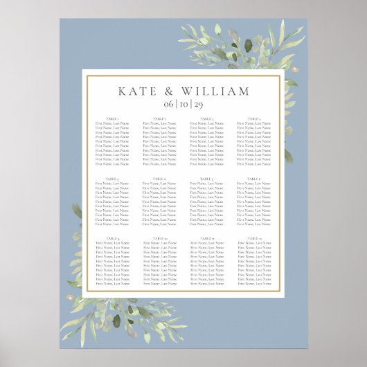 Elegant Dusty Blue Greenery Wedding Seating Chart Poster (Voorkant)