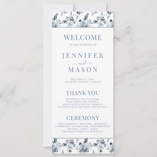 Elegant Dusty Blue Grey Bloem Trouwprogramma's (Voorkant)