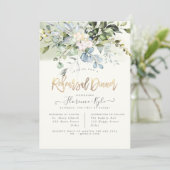 Elegant Dusty Blue Gum Eucalyptus Rehearsal Dinner Kaart (Staand voorkant)