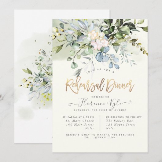 Elegant Dusty Blue Gum Eucalyptus Rehearsal Dinner Kaart (Voorkant / Achterkant)