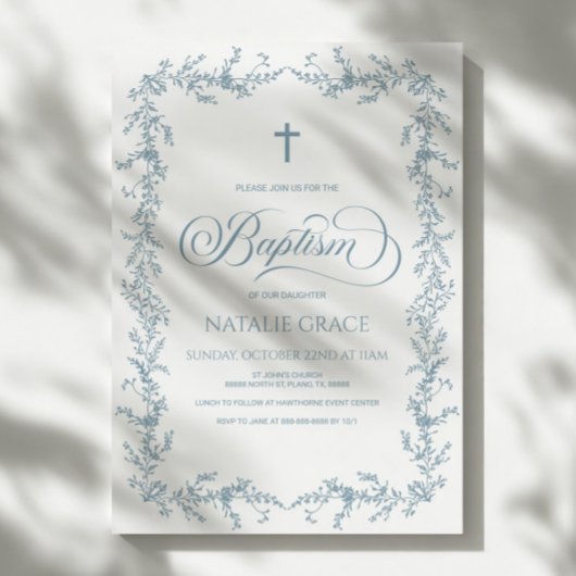 Elegant Dusty Blue Hand Drawn Floral Frame Baptism Kaart