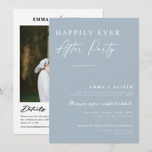 Elegant Dusty Blue Happy Ever na QR-code Kaart (Voorkant / Achterkant)