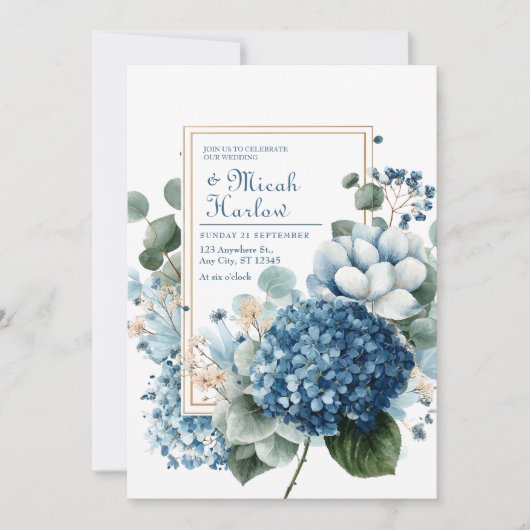 Elegant Dusty Blue Hydrangea Eucalyptus Gold Frame Kaart (Voorkant)