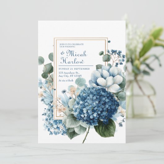 Elegant Dusty Blue Hydrangea Eucalyptus Gold Frame Kaart (Staand voorkant)