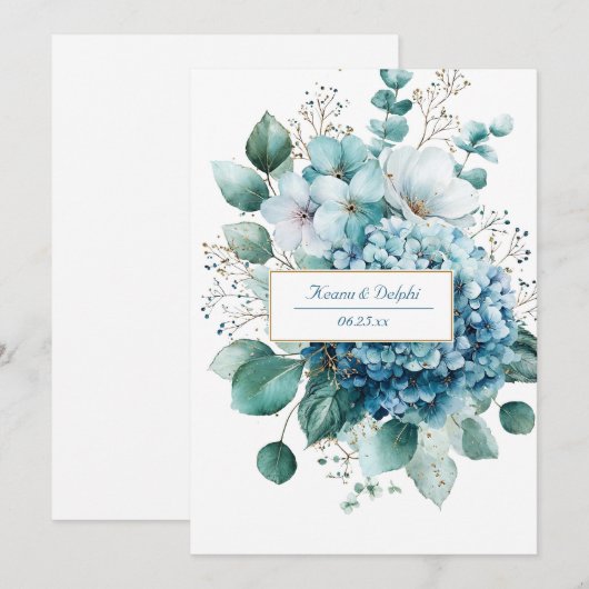 Elegant Dusty Blue Hydrangea Gold Floral Kaart (Voorkant / Achterkant)