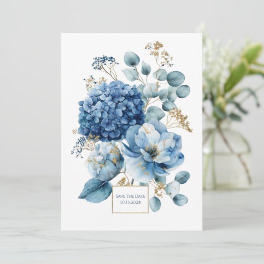 Elegant Dusty Blue Hydrangea Gold Glitter Kaart (Staand voorkant)