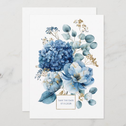 Elegant Dusty Blue Hydrangea Gold Glitter Kaart (Voorkant / Achterkant)