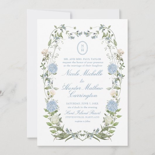 Elegant Dusty Blue Hydrangea Monogram Kaart (Voorkant)