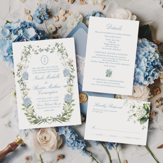 Elegant Dusty Blue Hydrangea Monogram Kaart