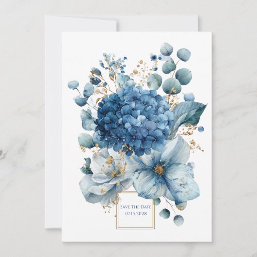 Elegant Dusty Blue Hydrangea Peony Gold Glitter Kaart (Voorkant)