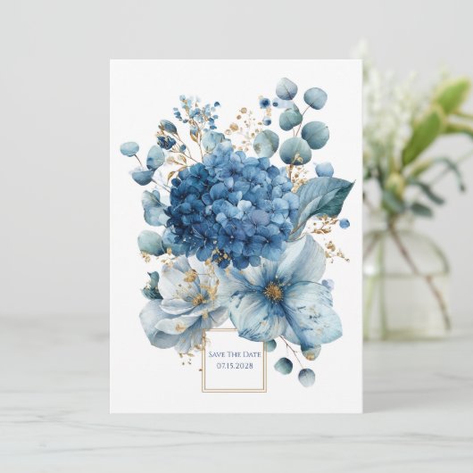 Elegant Dusty Blue Hydrangea Peony Gold Glitter Kaart (Staand voorkant)