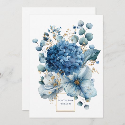 Elegant Dusty Blue Hydrangea Peony Gold Glitter Kaart (Voorkant / Achterkant)